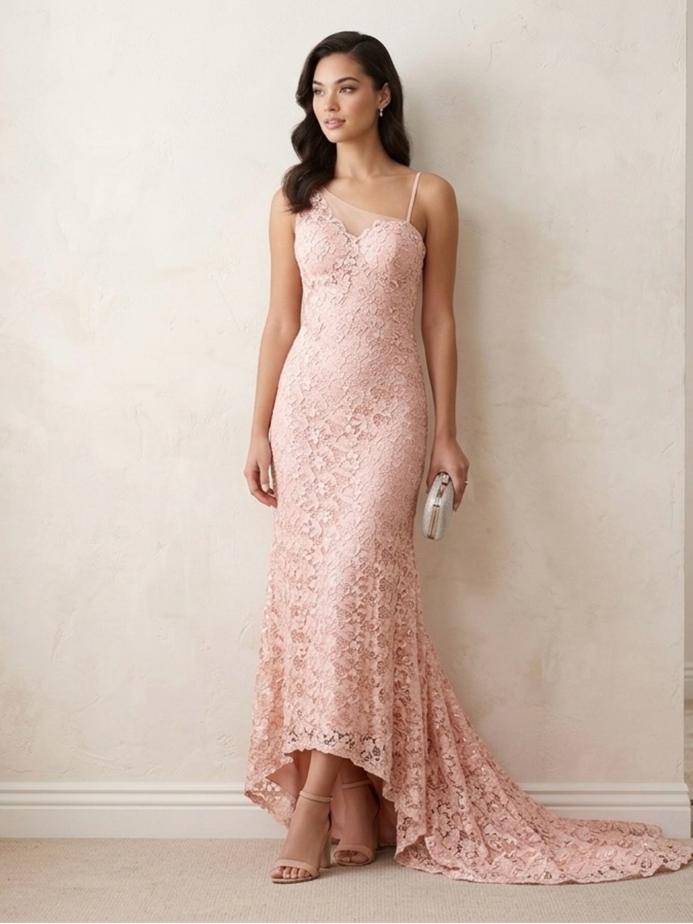 Dave & Johnny Pale Blush Lace High-Low Gown